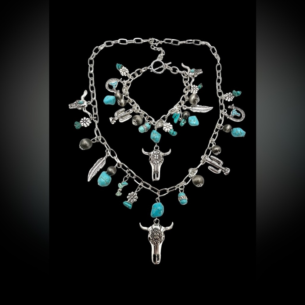 Southwestern Western Silver Tone Faux Turquoise Charm Bracelet Necklace Set
